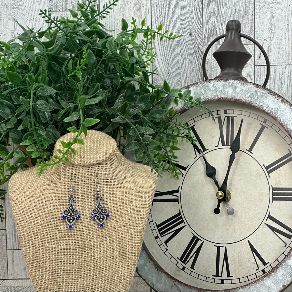 UP SCALE TIME - Silver Tone Dark Blue Faceted Resined Crystal Dangle Earrings